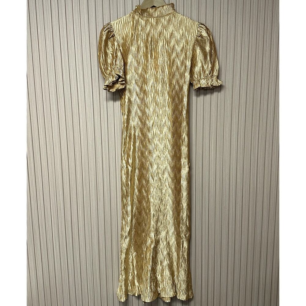 Gold Metallic Midi Dress with Puff Sleeves